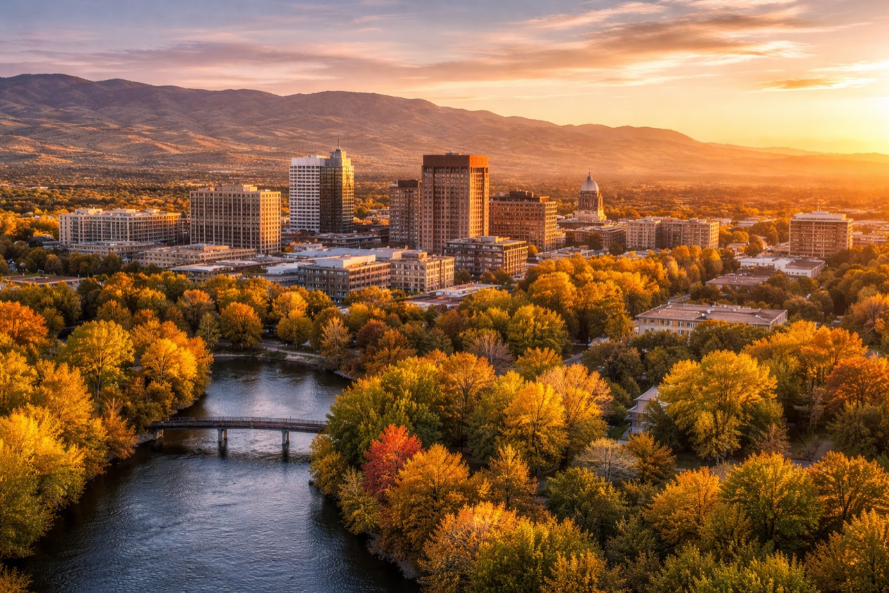 Downtown Boise skyline at sunset with the Boise River in the foreground